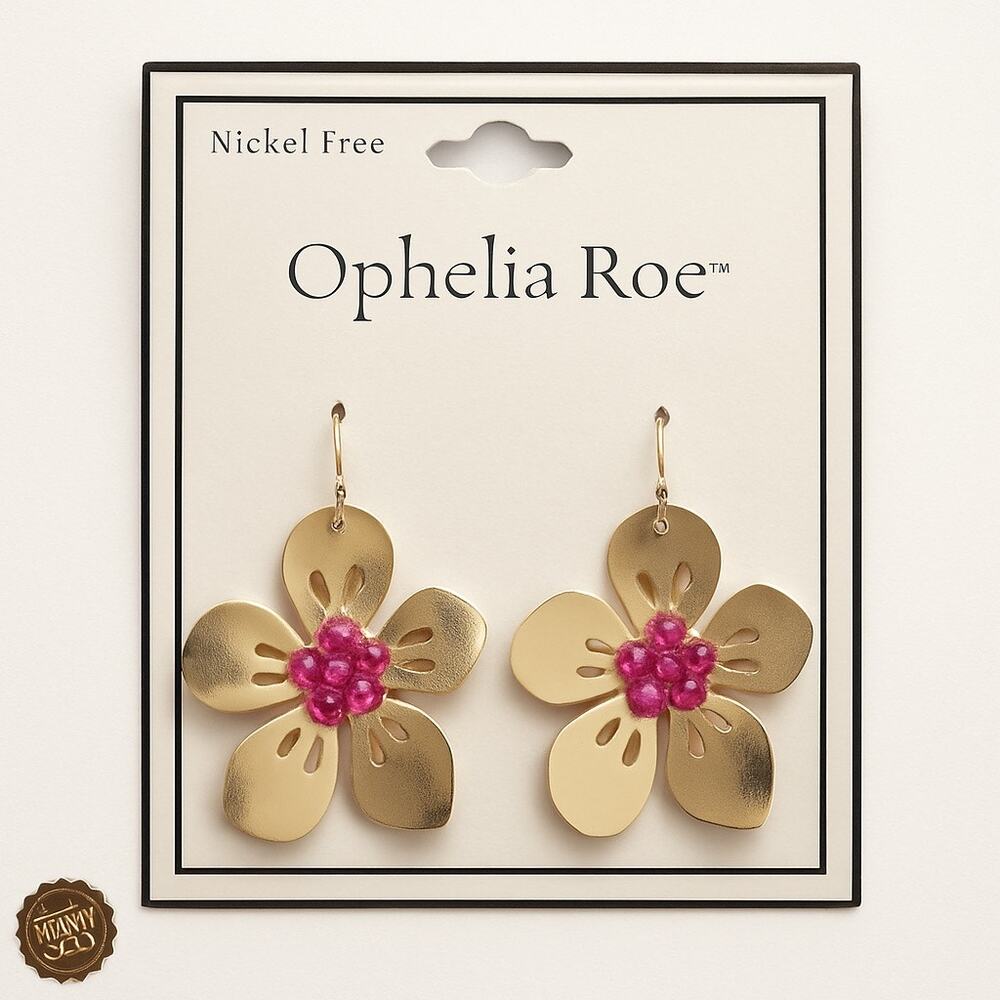 Ophelia‎ Roe Gold Flower Drop Earrings w/ Pink Beads 🌸 Nickel Free NEW!!